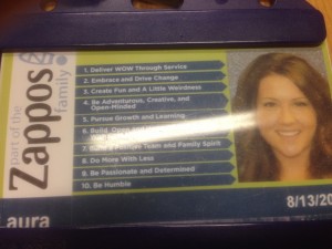 Zappos Values on Lauras Staff Card IMG_5784